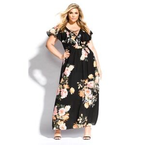 City Chic Black Tuscan Rose Black Pink Floral Maxi Dress Woman’s Plus Size 16